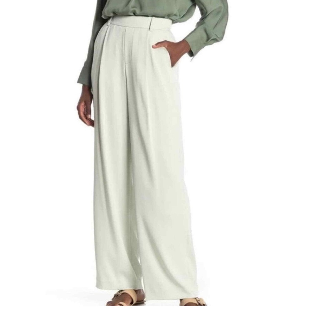 Vince Women Pale Sage Green satin Pleated Wide Leg High Waist Trousers Pants M